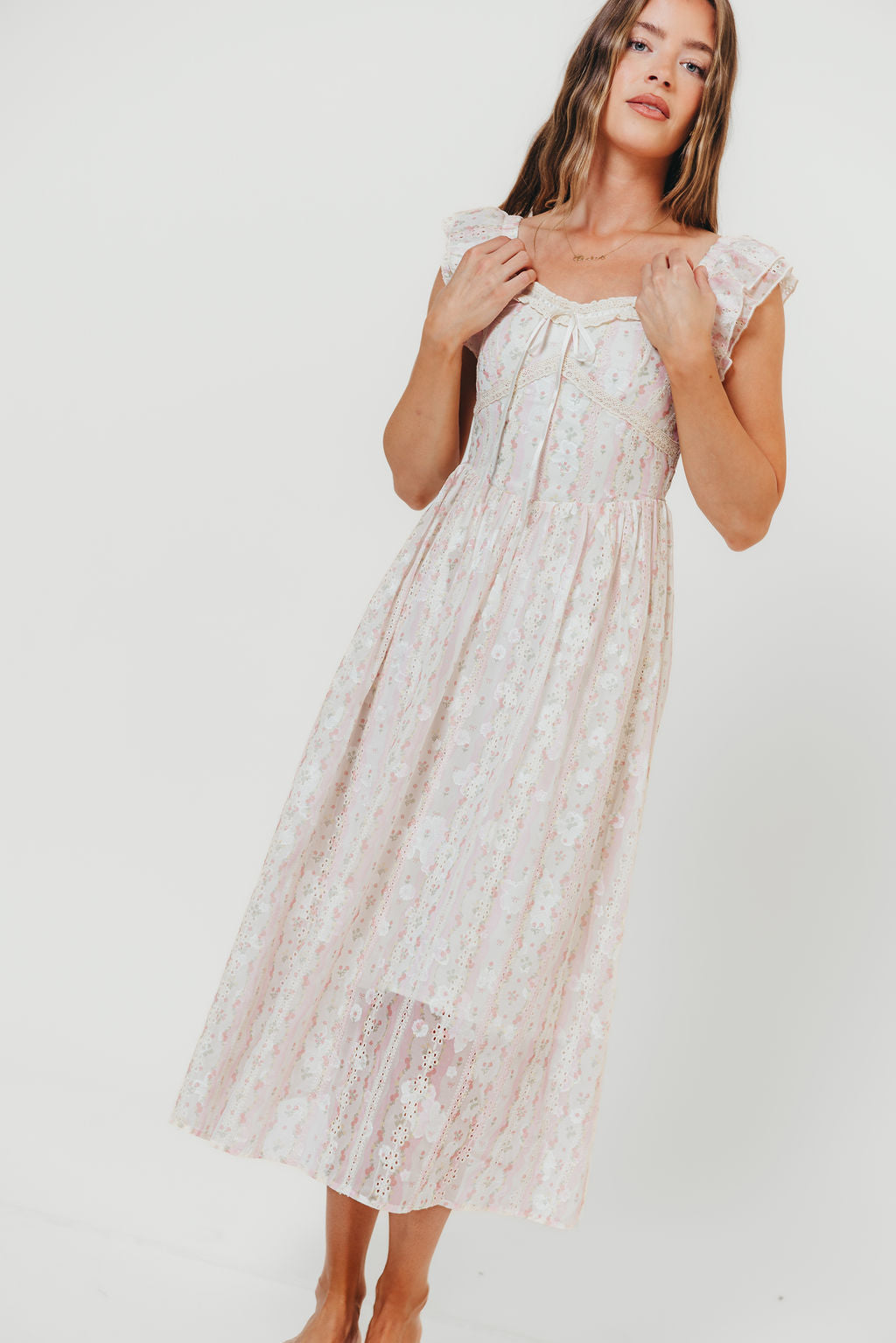 Leighton Vintage Lace Stripe Cottage Midi Dress in Pink
