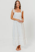Diana Lace Trim Tiered Detail Ruffle Strap Midi Dress in Off White
