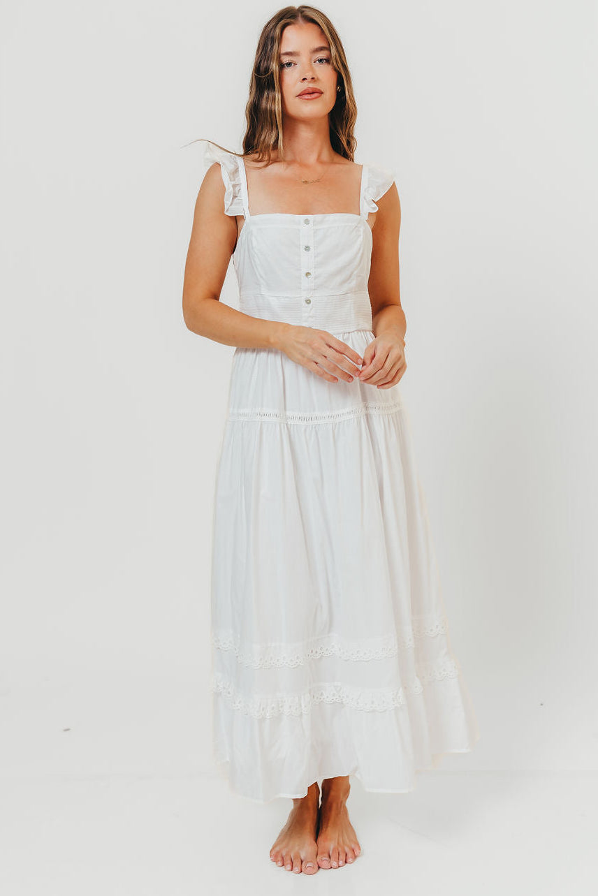 Diana Lace Trim Tiered Detail Ruffle Strap Midi Dress in Off White