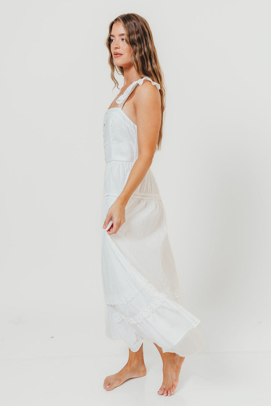 Diana Lace Trim Tiered Detail Ruffle Strap Midi Dress in Off White