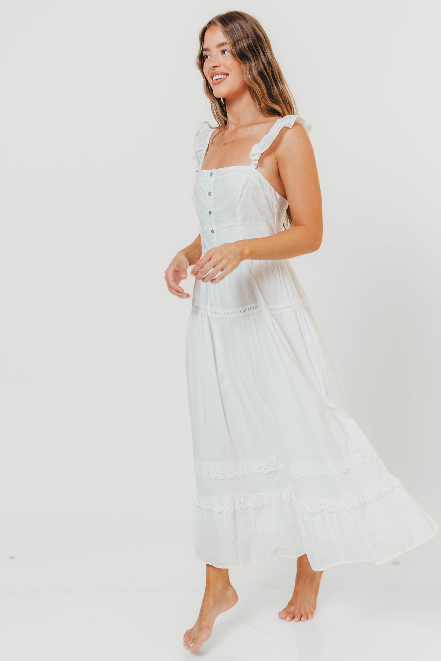 Diana Lace Trim Tiered Detail Ruffle Strap Midi Dress in Off White