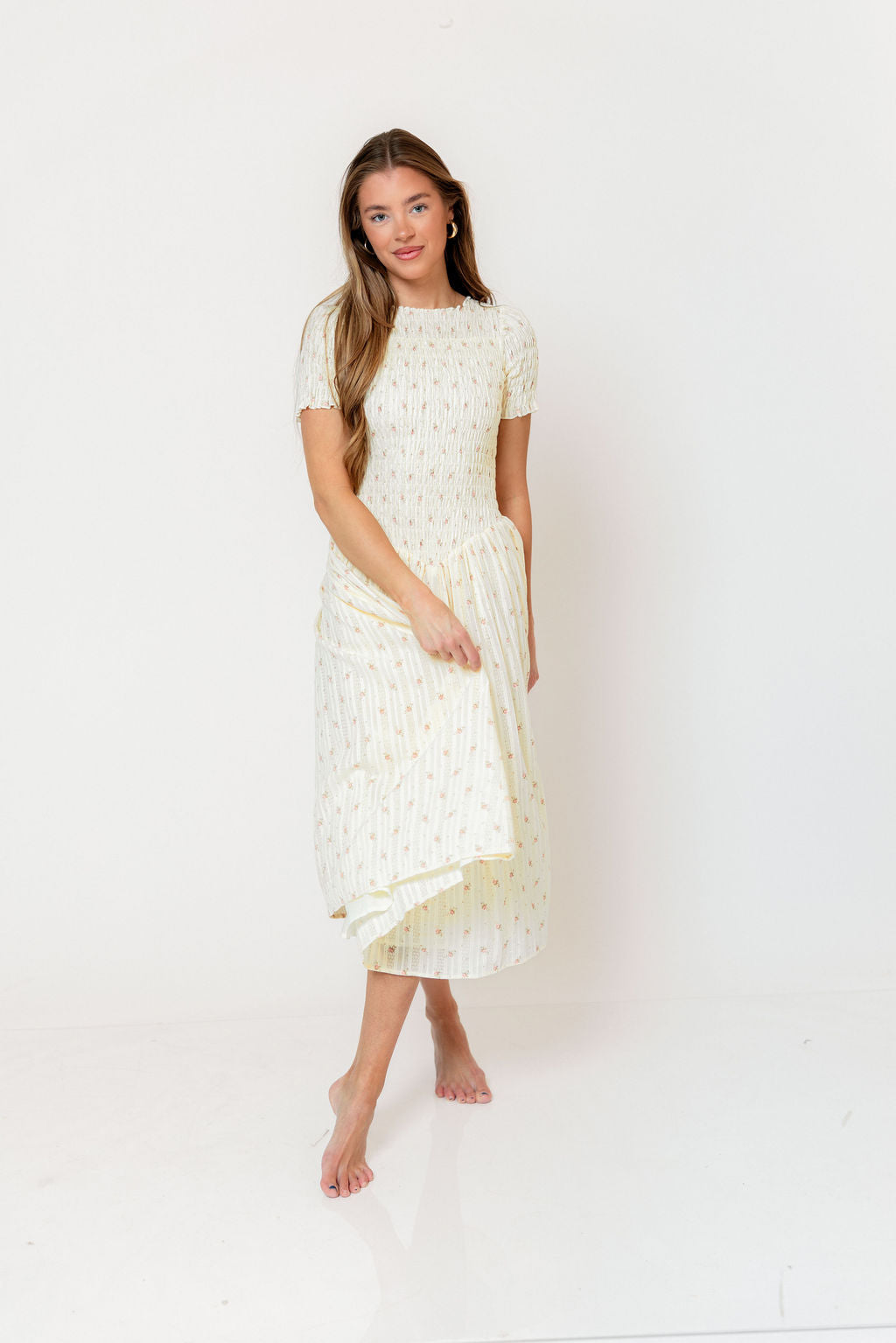 Bianca Smocked Floral Midi Dress in Butter Yellow