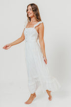 Diana Lace Trim Tiered Detail Ruffle Strap Midi Dress in Off White