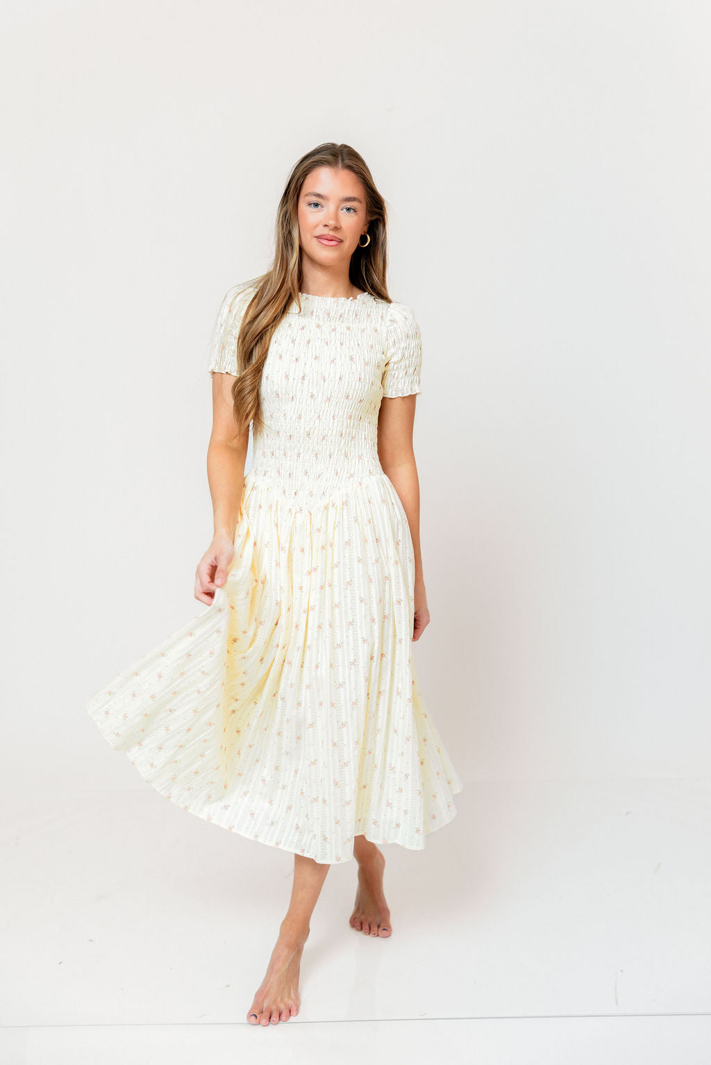 Bianca Smocked Floral Midi Dress in Butter Yellow