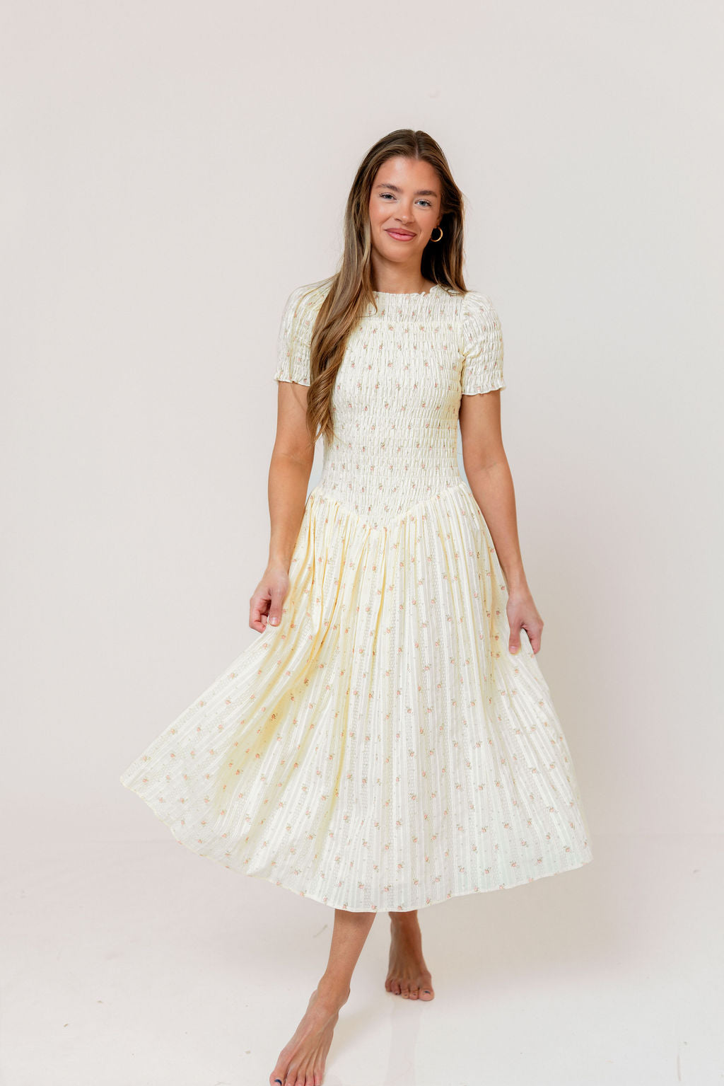 Bianca Smocked Floral Midi Dress in Butter Yellow