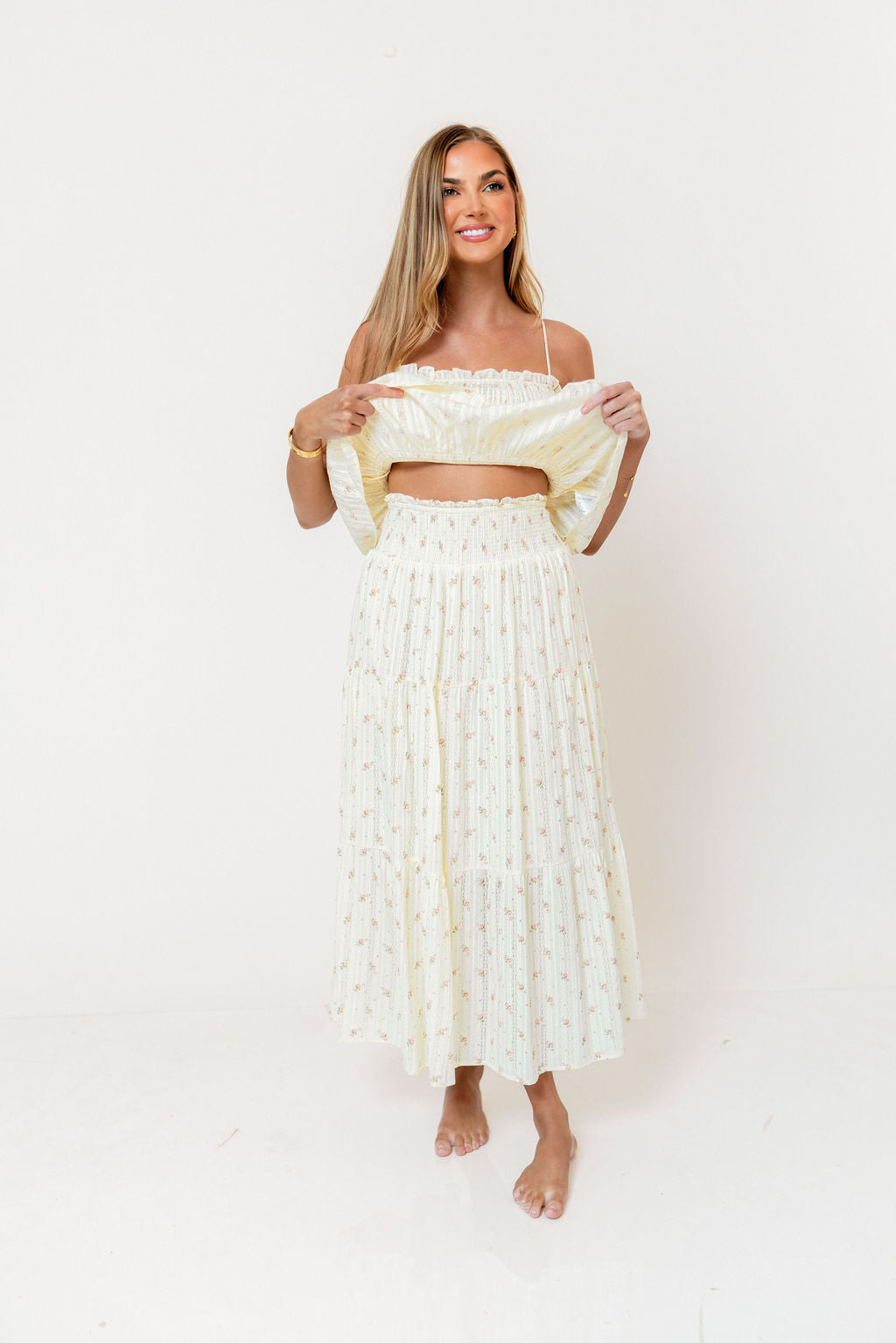 Gracie 100% Cotton Tiered Floral Midi Skirt in Butter Yellow
