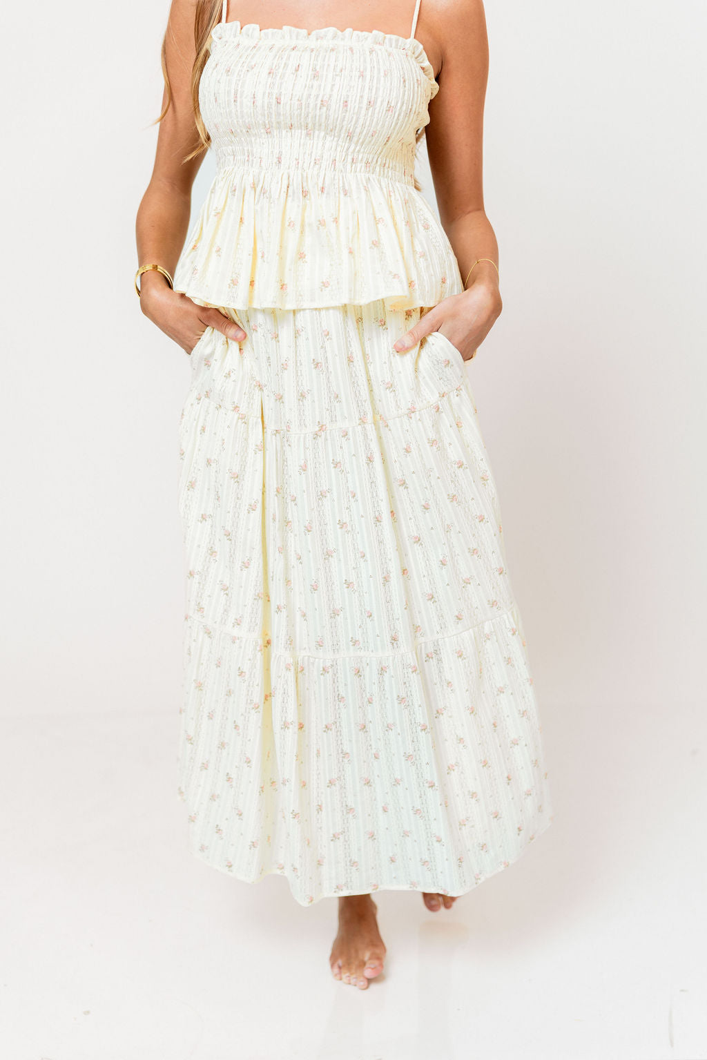 Gracie 100% Cotton Tiered Floral Midi Skirt in Butter Yellow