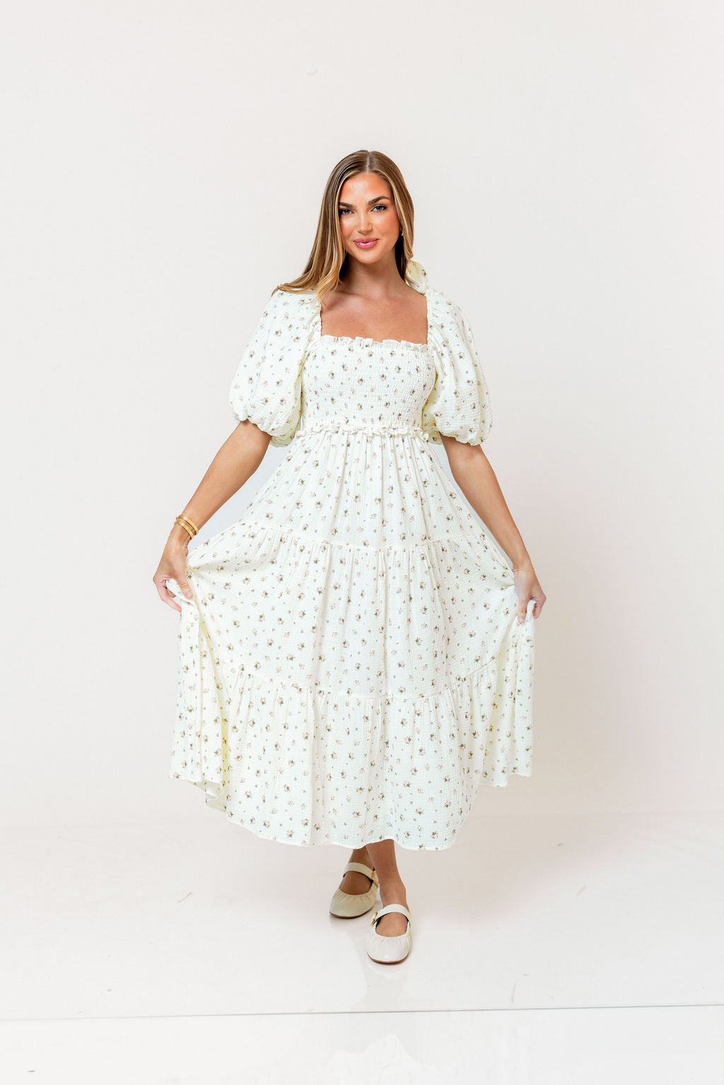 Elena 100% Cotton Midi Dress in Off-White/Pink Floral -Bump Friendly