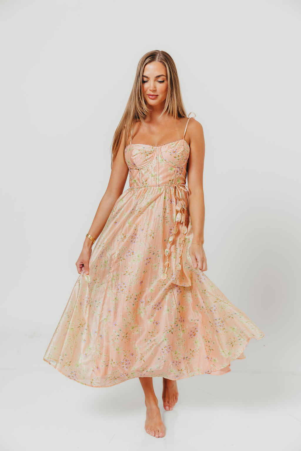 Halcyon Midi Dress in Peach Floral