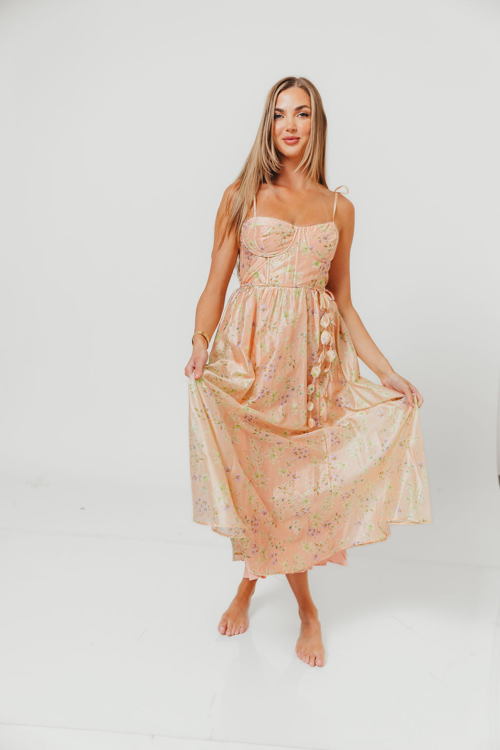 Halcyon Midi Dress in Peach Floral