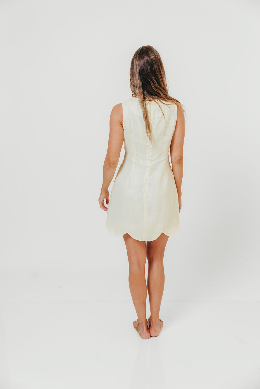 Kendall Linen Mini Dress With Scallop Hem in Butter Yellow