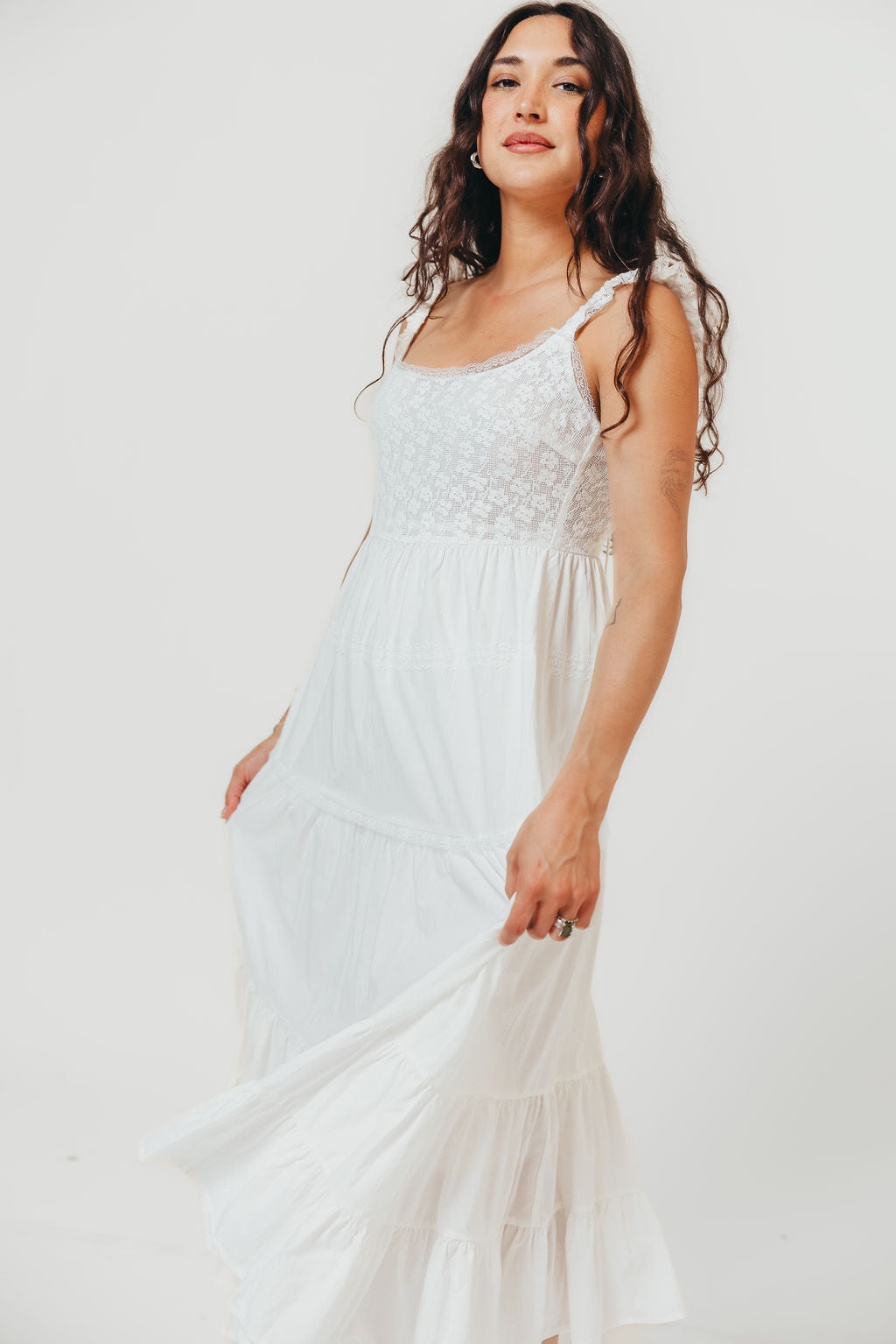 Shiloh 100% Cotton Ruffle Tiered Maxi Dress in White