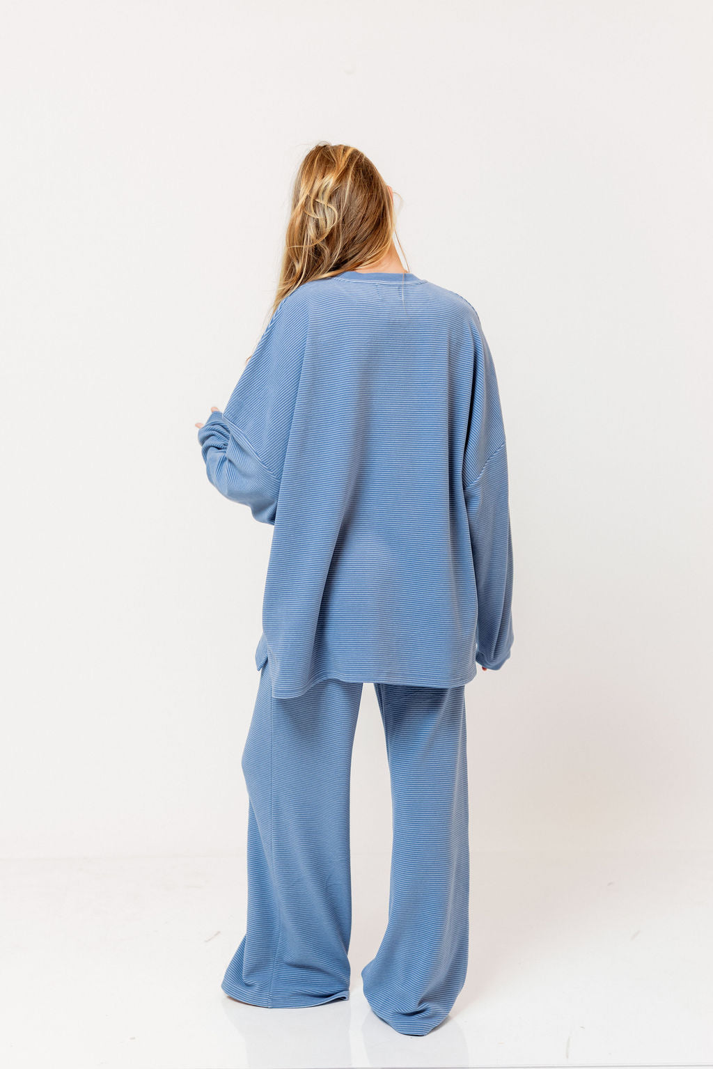 Naomi Striped Oversized Fleece Long Sleeve Top in Sky Blue - Bump Friendly
