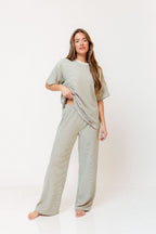 Naomi Striped Fleece Short Sleeve Top in Cream/Green - Bump Friendly
