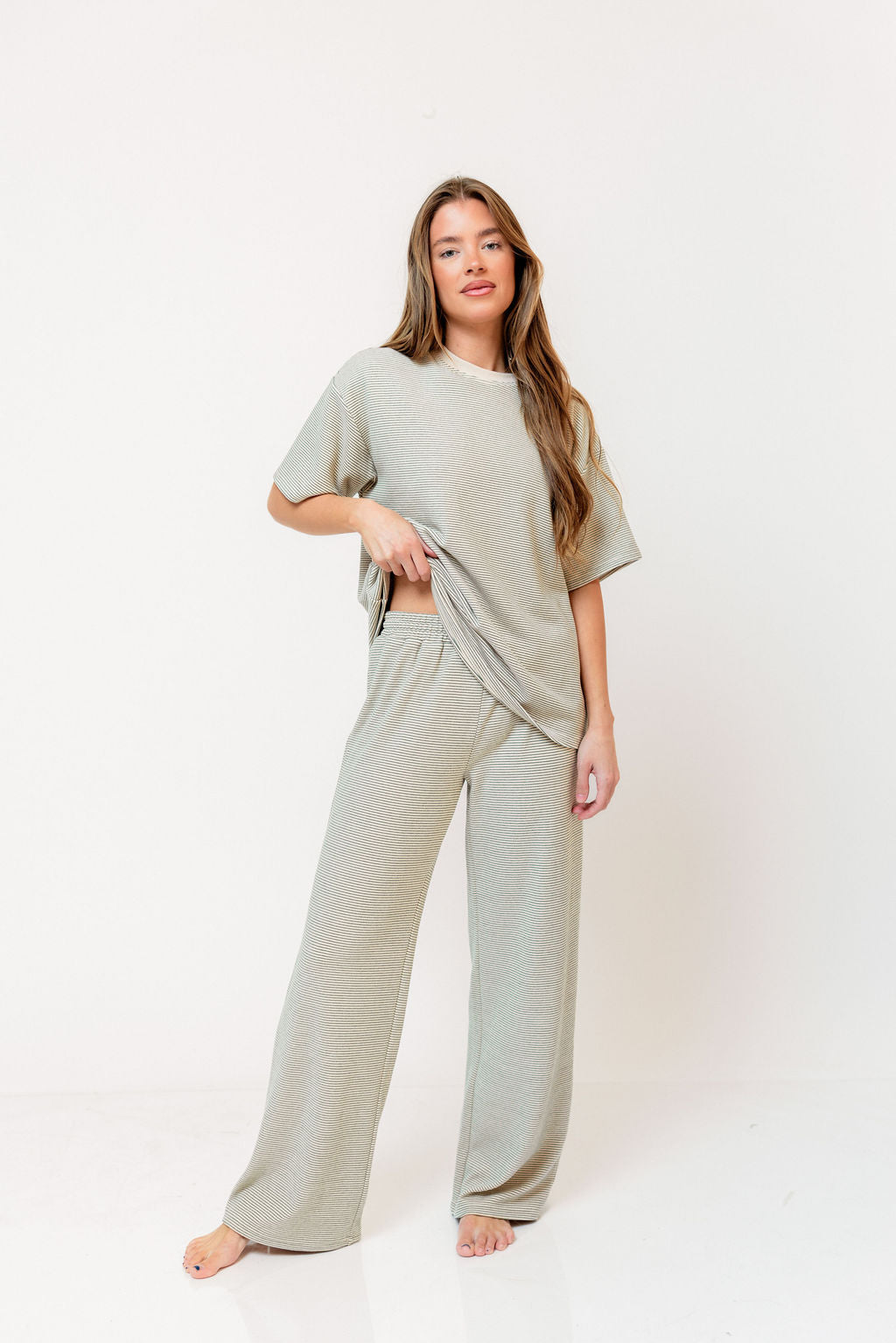 Campbell Striped Fleece Lounge Pants in Cream/Green