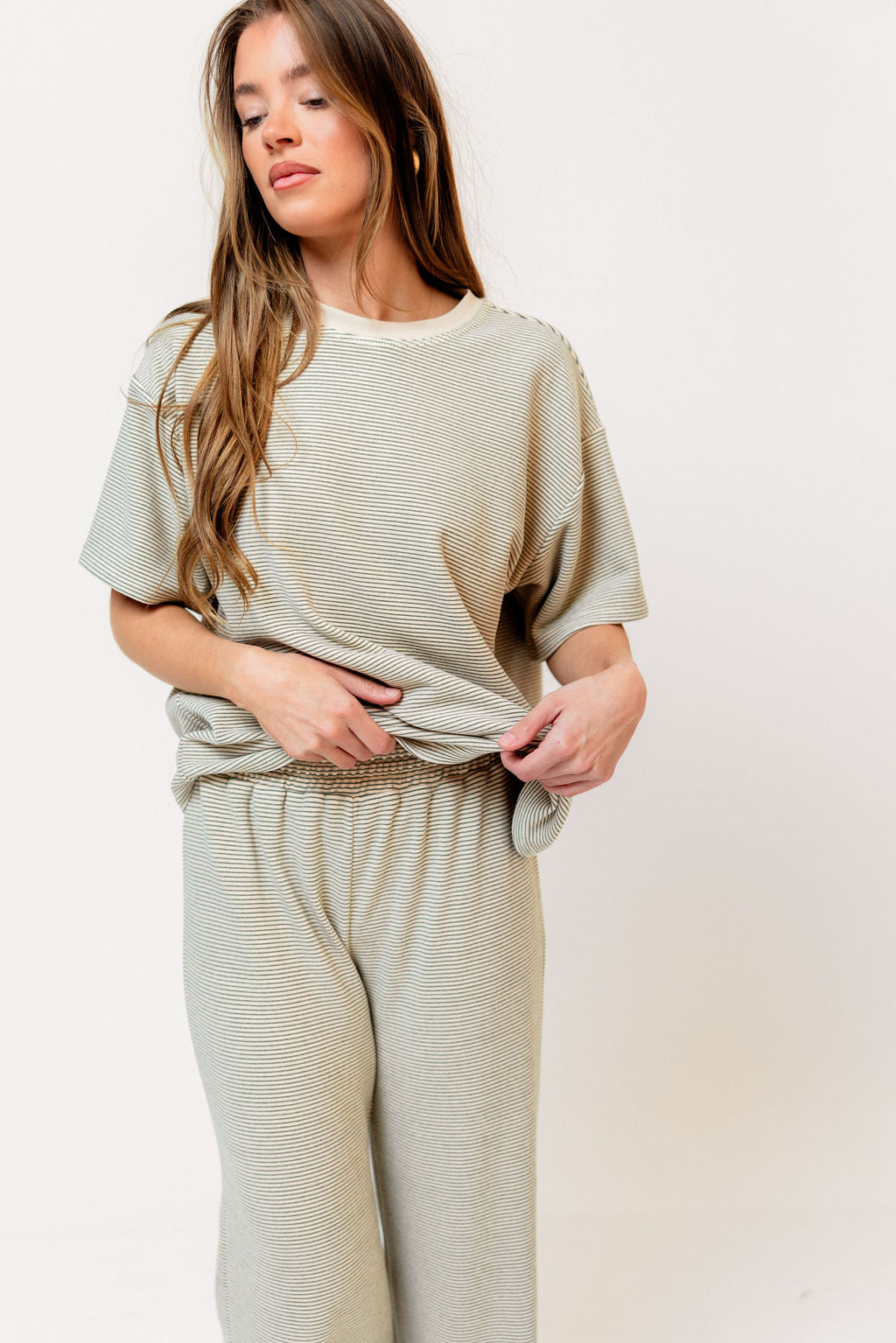 Naomi Striped Fleece Short Sleeve Top in Cream/Green - Bump Friendly