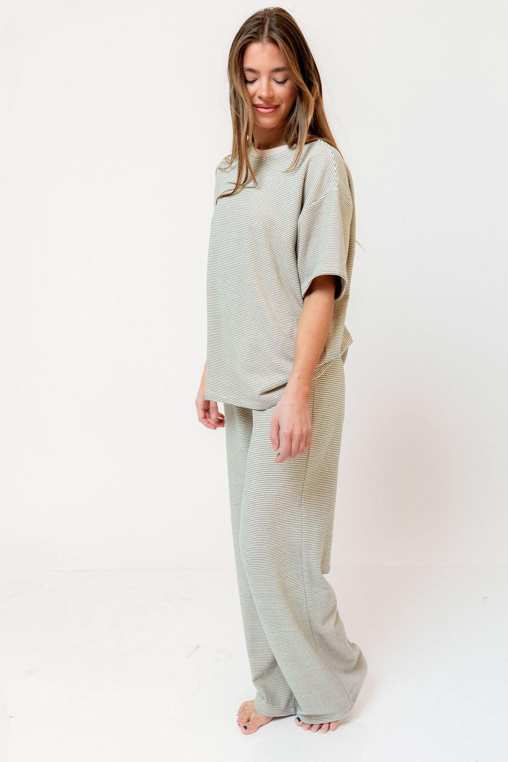 Naomi Striped Fleece Short Sleeve Top in Cream/Green - Bump Friendly