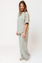 Naomi Striped Fleece Short Sleeve Top in Cream/Green - Bump Friendly