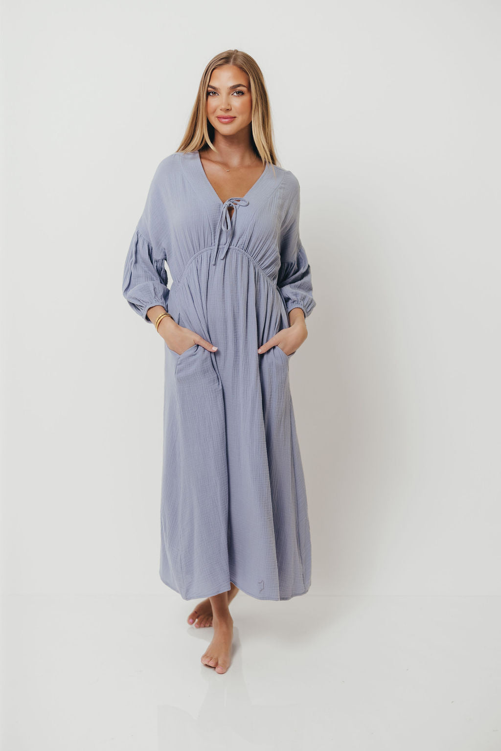 Hunter 100% Cotton Midi Dress in Blue - Bump Friendly