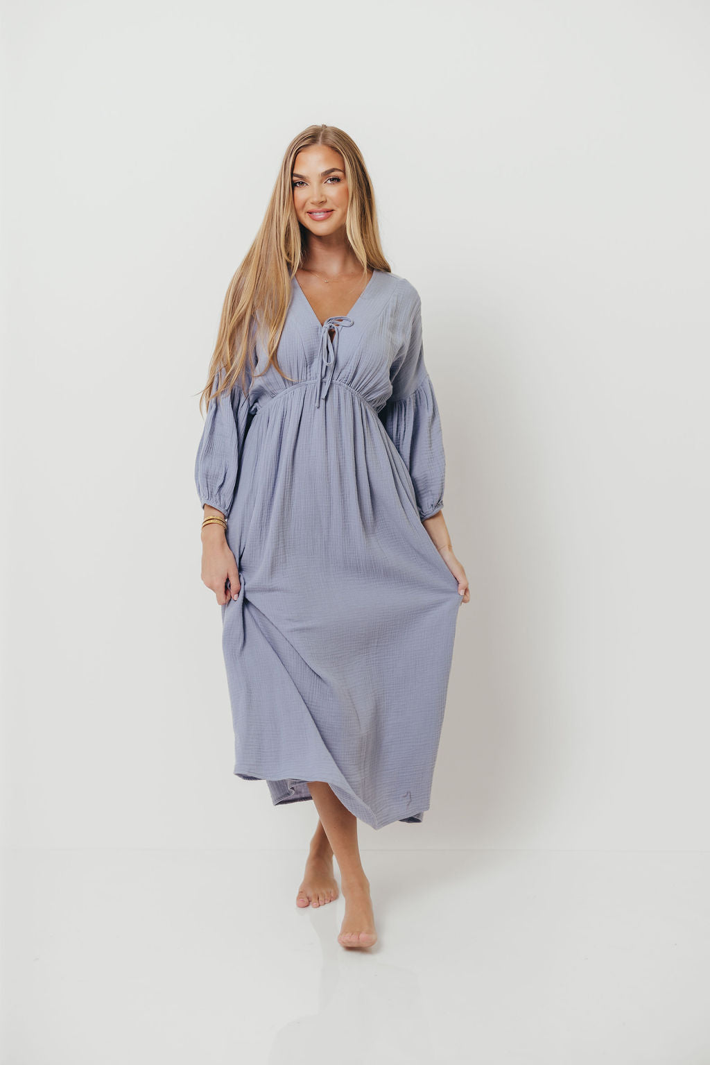 Hunter 100% Cotton Midi Dress in Blue - Bump Friendly
