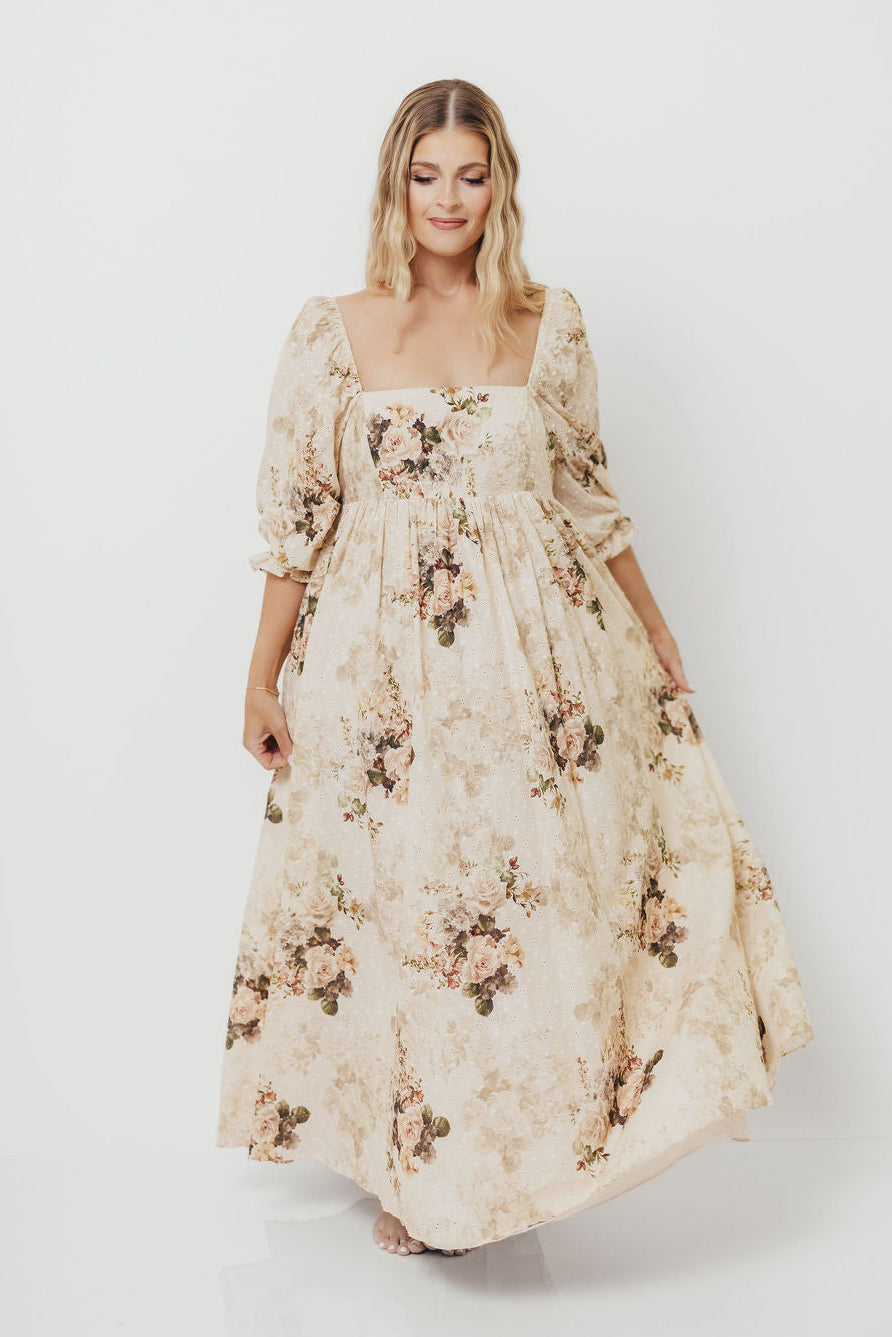 Mona Maxi Dress with Smocking in Cream/Beige Floral - Bump Friendly