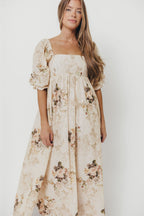 Mona Maxi Dress with Smocking in Cream/Beige Floral - Bump Friendly