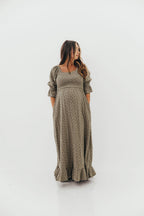 Sienna 100% Cotton Puff Sleeve Maxi Dress in Olive Foliage - Bump Friendly
