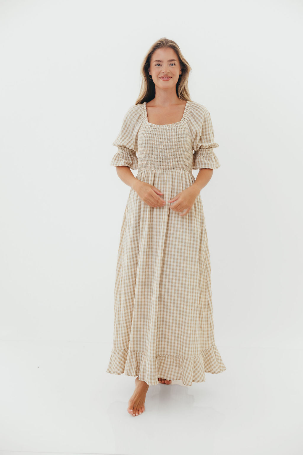 Sienna 100% Cotton Puff Sleeve Maxi Dress in Natural Plaid - Bump Friendly