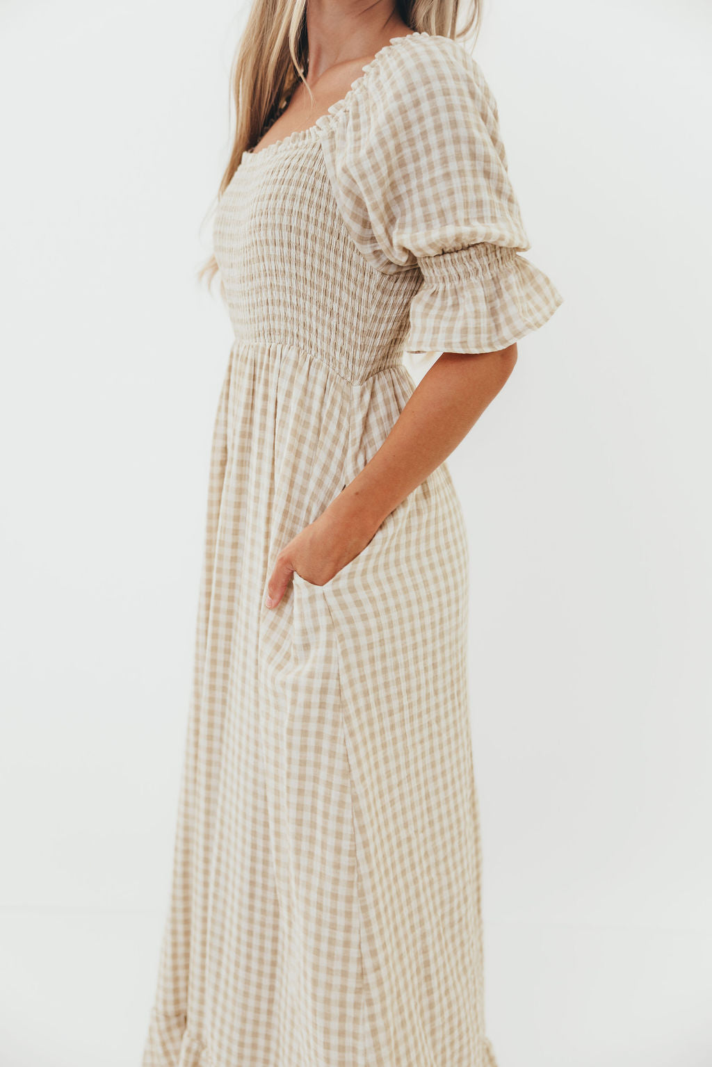 Sienna 100% Cotton Puff Sleeve Maxi Dress in Natural Plaid - Bump Friendly