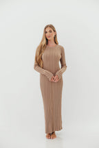 Colette Premium Long Sleeved Ribbed Knit Maxi Dress in Dark Natural - Bump Friendly *Final Sale*