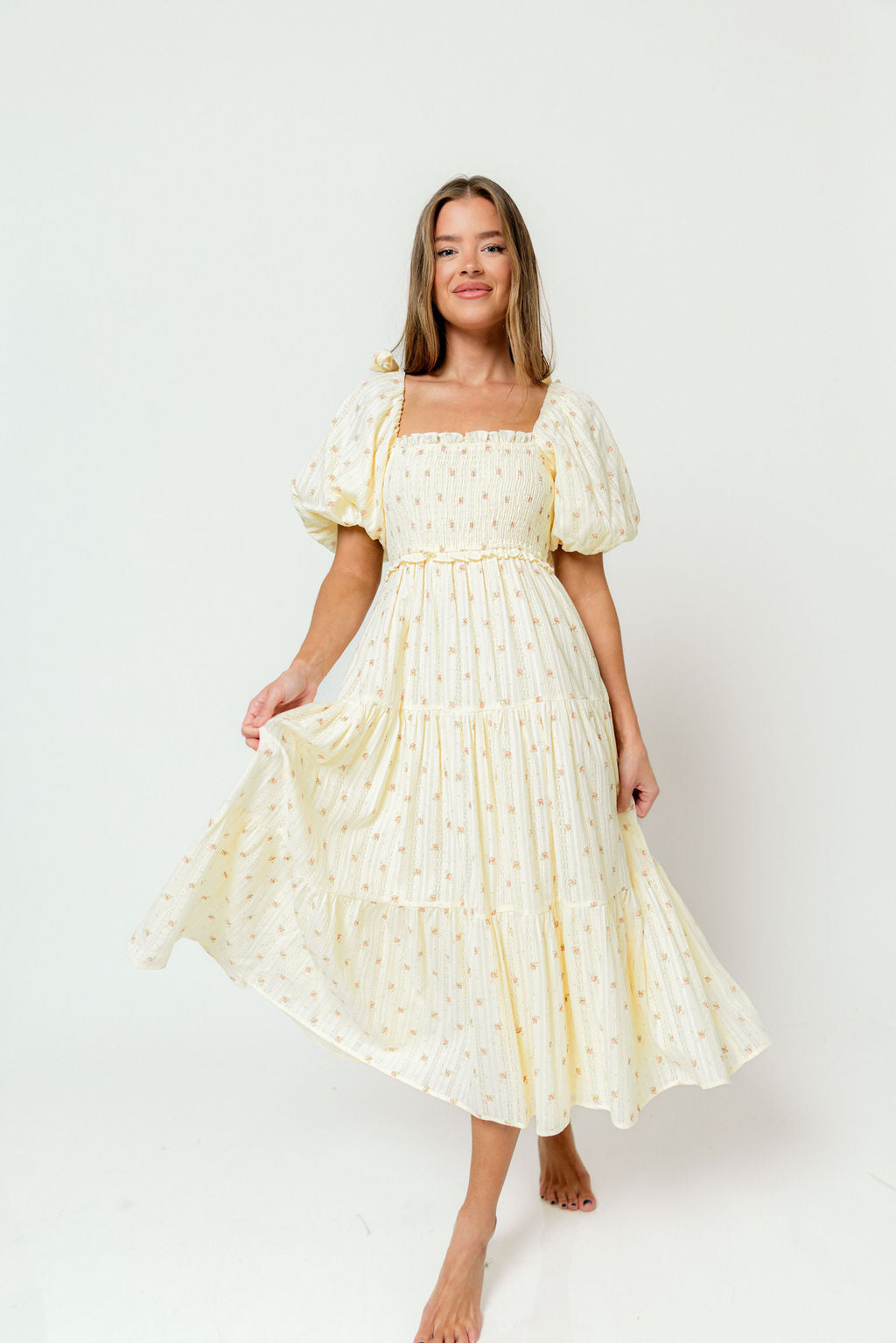 Elena 100% Cotton Midi Dress in Butter Floral - Bump Friendly