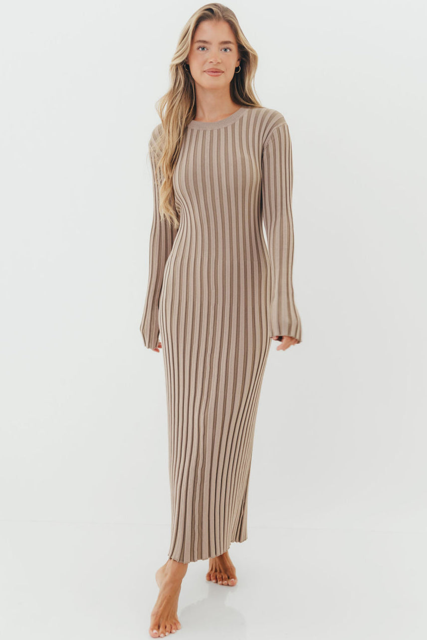 Colette Premium Long Sleeved Ribbed Knit Maxi Dress in Stone - Bump Friendly *Final Sale*