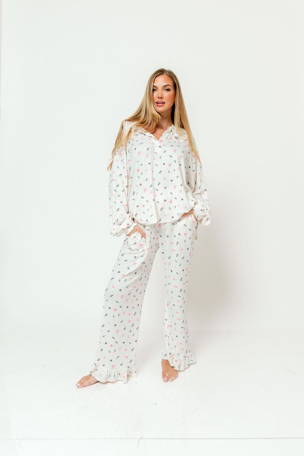 Carol Pointelle Rib Ruffle Detail Pajama Set in Cream