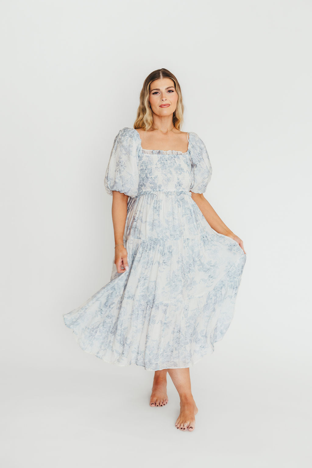 Elena Floral Print Smocked Midi Dress in Blue - Bump Friendly & Inclusive Sizing *7/20 PRE-ORDER*