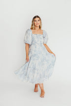 Elena Floral Print Smocked Midi Dress in Blue - Bump Friendly & Inclusive Sizing *7/20 PRE-ORDER*
