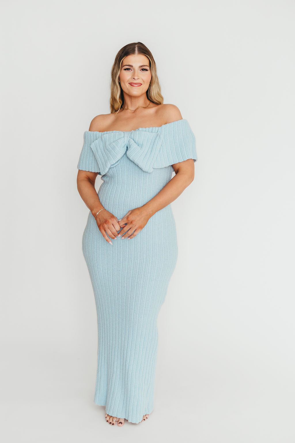 Aston Bow Front Maxi Sweater Dress in Ice Metal – Bump Friendly & Inclusive Sizing (XS-3XL)