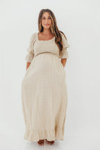 Sienna 100% Cotton Puff Sleeve Maxi Dress in Natural Plaid - Bump Friendly