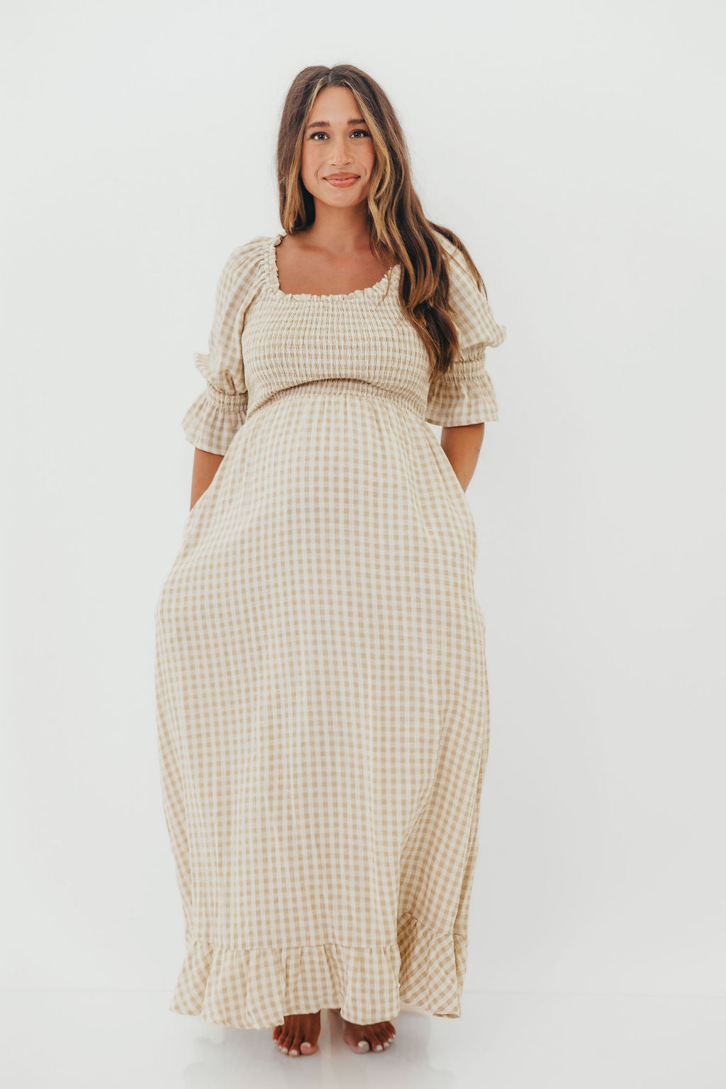 Sienna 100% Cotton Puff Sleeve Maxi Dress in Natural Plaid - Bump Friendly