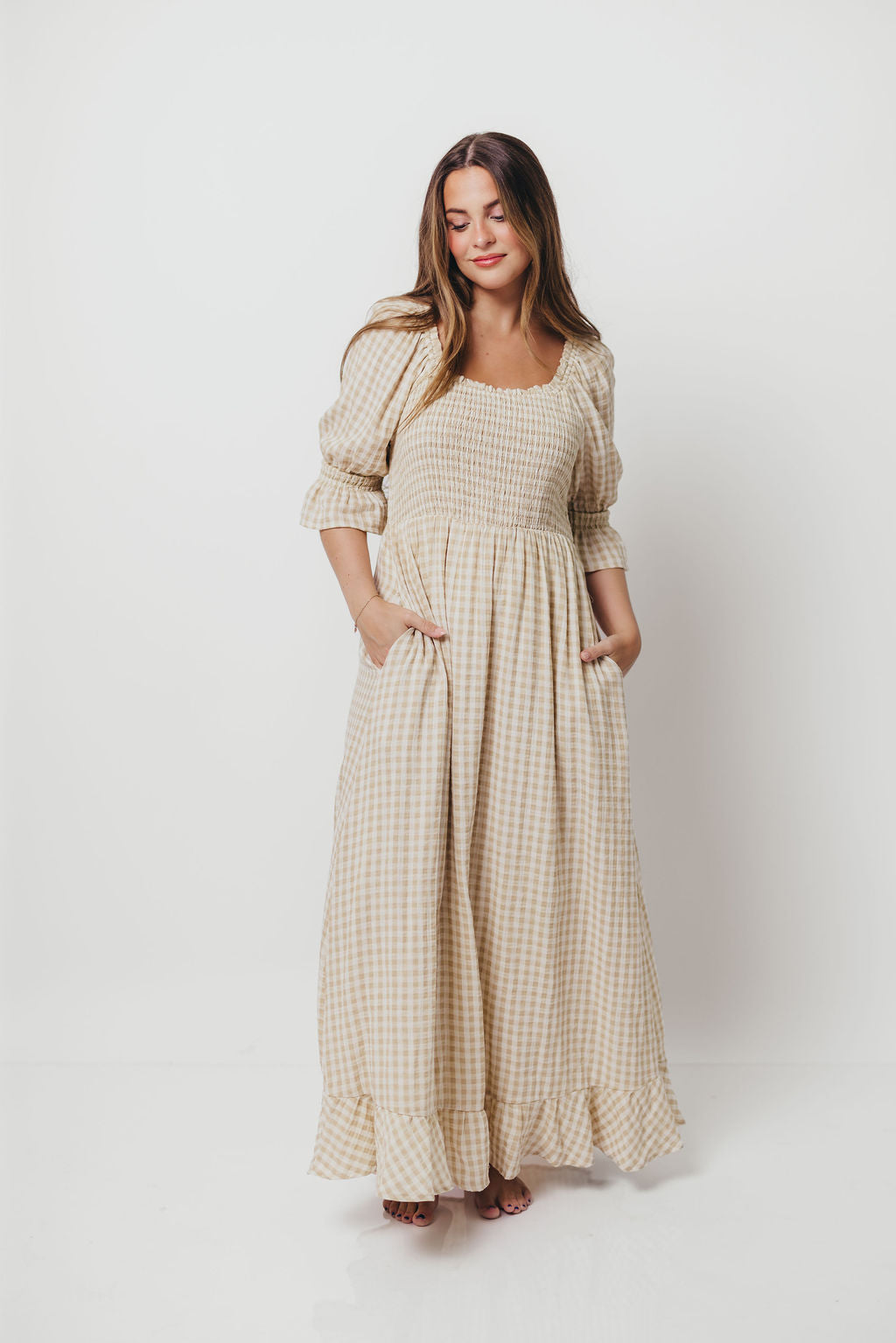 Sienna 100% Cotton Puff Sleeve Maxi Dress in Natural Plaid - Bump Friendly