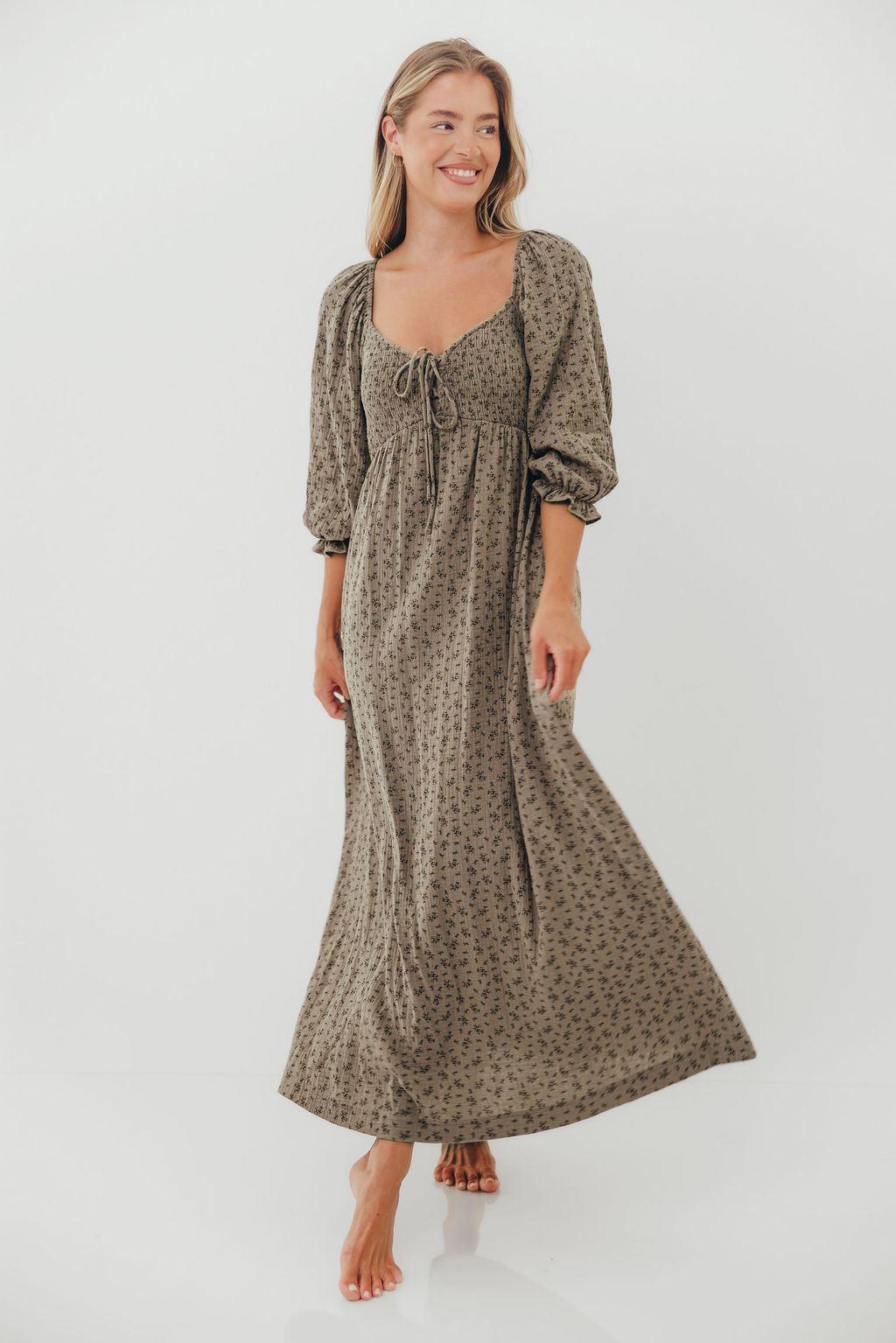 Cecilia 100% Cotton Maxi Dress in Olive Foliage