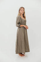 Cecilia 100% Cotton Maxi Dress in Olive Foliage