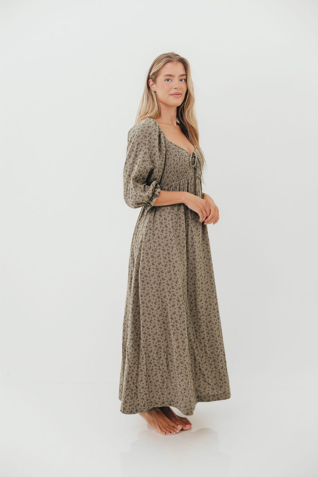 Cecilia 100% Cotton Maxi Dress in Olive Foliage