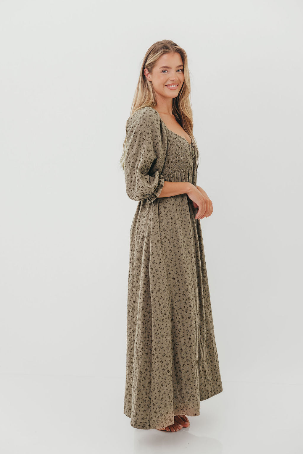 Cecilia 100% Cotton Maxi Dress in Olive Foliage
