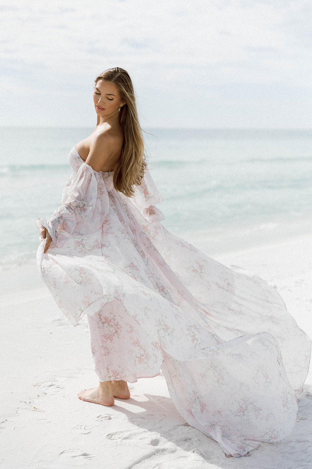 Delilah Maxi Dress with Train in Muted Blush Floral - Bump Friendly