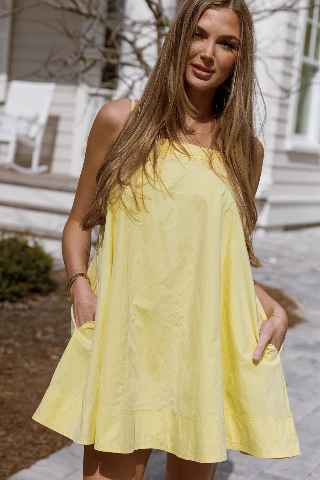 Mari Contrast Top Stitch Mini Dress in Lemon Yellow