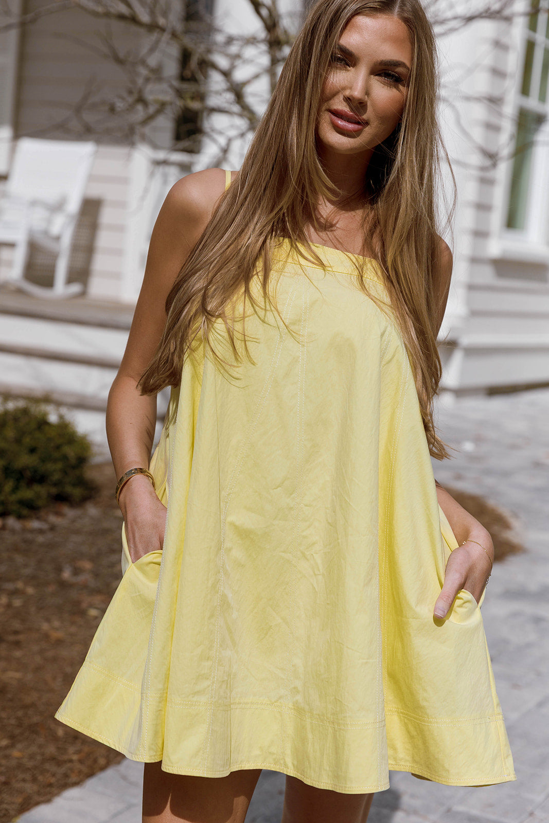 Mari Contrast Top Stitch Mini Dress in Lemon Yellow