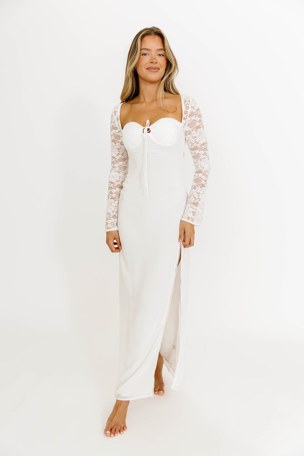 Twyla Long Sleeve Sweetheart Maxi Dress with Lace in White
