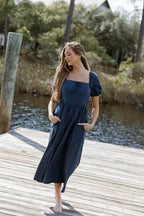 Sheila Puff Sleeve Midi Dress in Navy