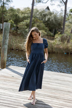 Sheila Puff Sleeve Midi Dress in Navy