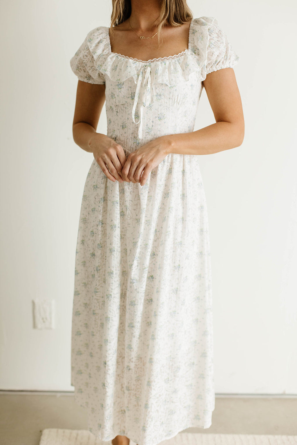 Maggie Sweet Lace Edged Prairie Dress in Blue Floral